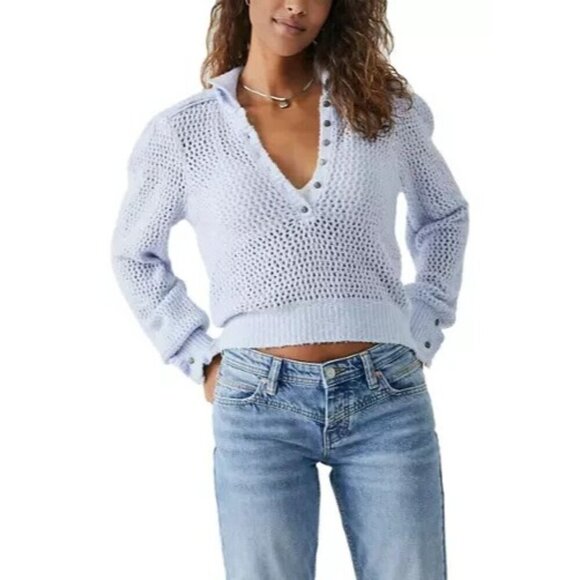 Free People Cropped Drop Shoulder Pullover V-Neck Sweater Periwinkle size Large - Picture 2 of 7